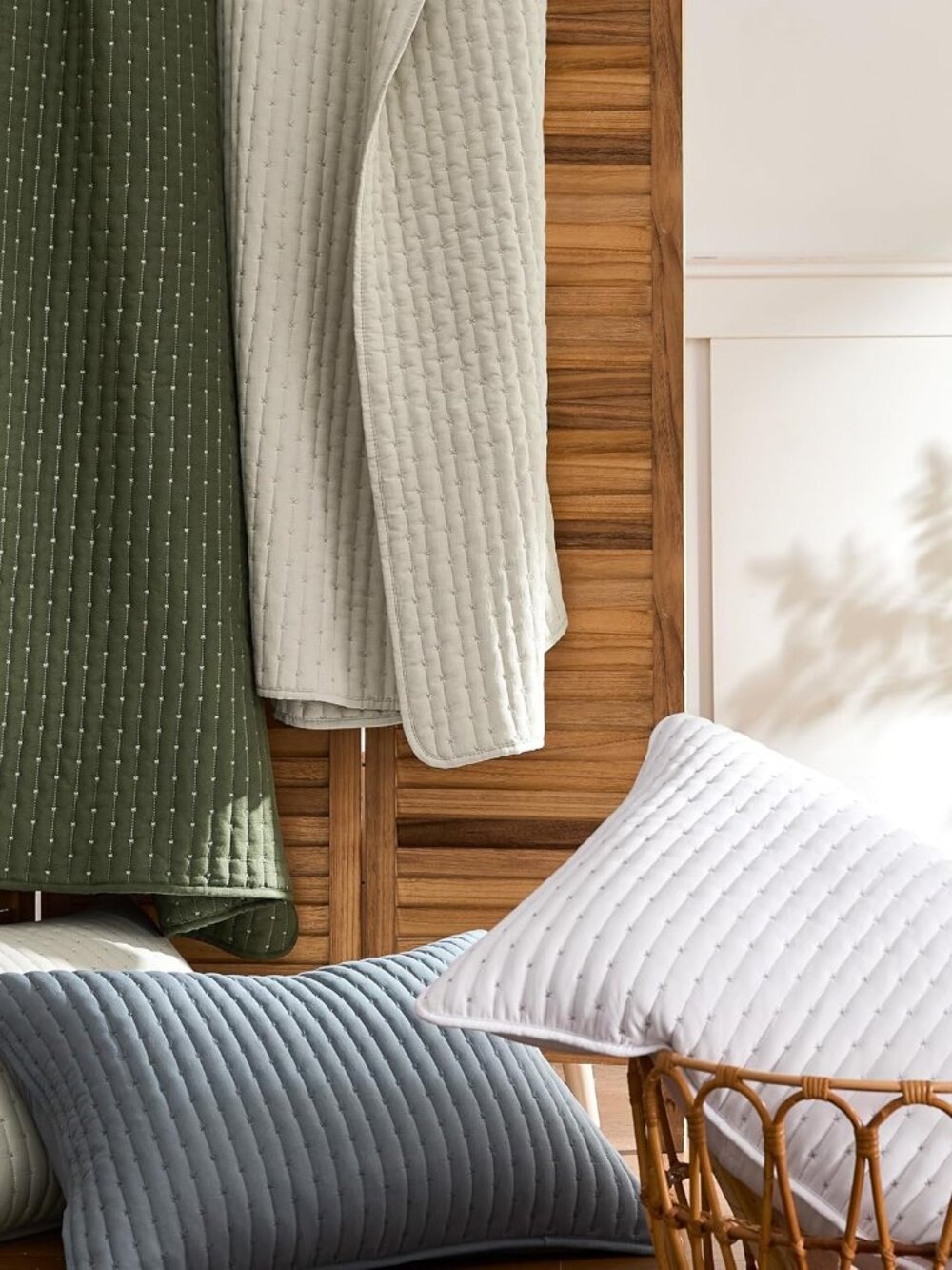 Olive Green Cross Stitch Queen Size Quilt Set, Striped Lightweight Soft Bedsprea - Picture 9 of 9
